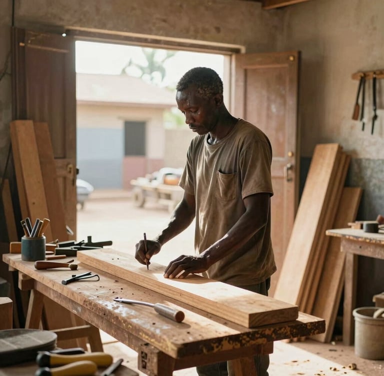 Straightforward medium shot of a local carpenter workshop in Dakar, bright Sahelian sunlight streaming through open doors, wooden planks and tools neatly arranged.