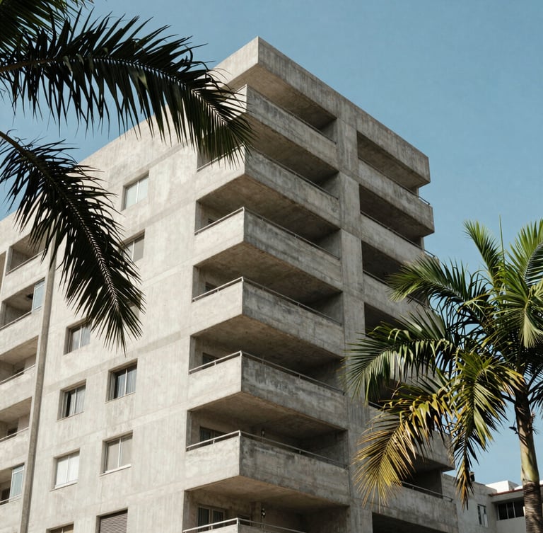 Candid medium shot of a modern concrete apartment building in Dakar under bright Sahelian sunlight, green palm leaves framing the side, clean composition.