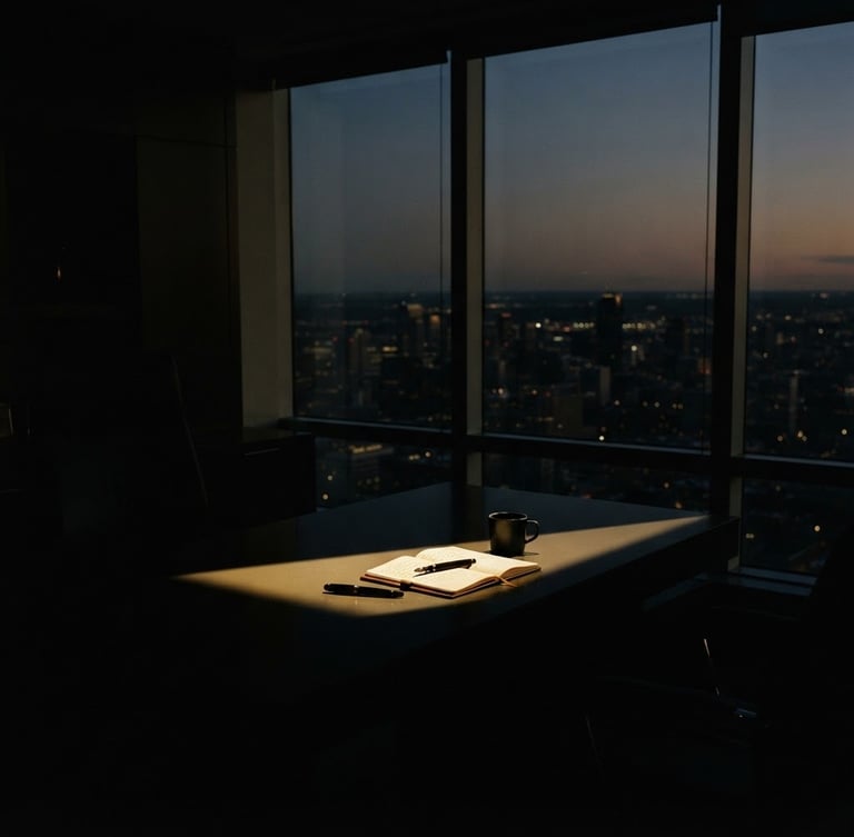 Dramatic low-key chiaroscuro photography of a dark, high-altitude office silhouette overlooking a dim city skyline at dusk, sharp golden light shaft cutting across a heavy obsidian desk, 35mm film