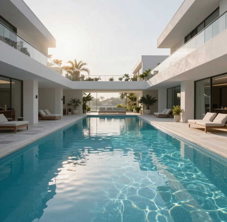 Symmetrical wide shot of a pristine luxury residential clubhouse pool at sunrise, crystal-clear water with advanced filtration visible, modern architecture, clean lines, bright crisp daylight