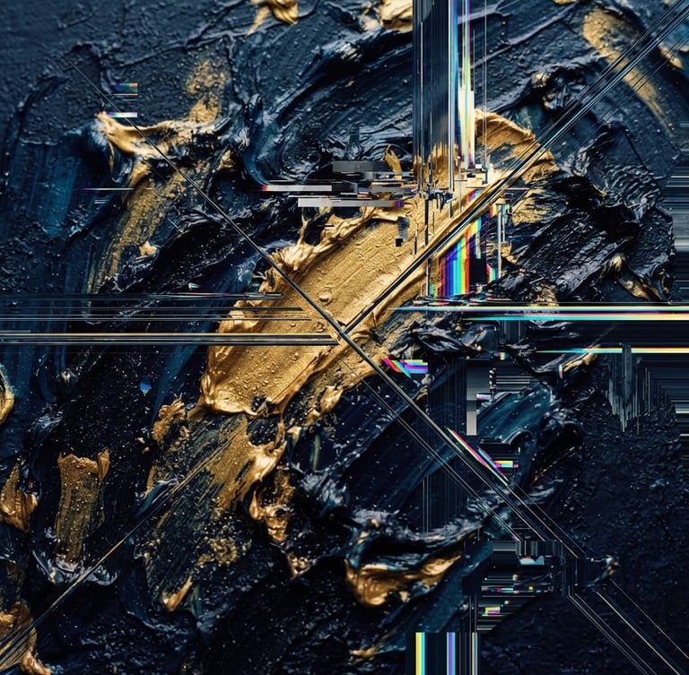 A dramatic macro shot of thick physical oil paint textures in deep navy and gold, sliced by sharp digital glitch lines, 35mm photography.