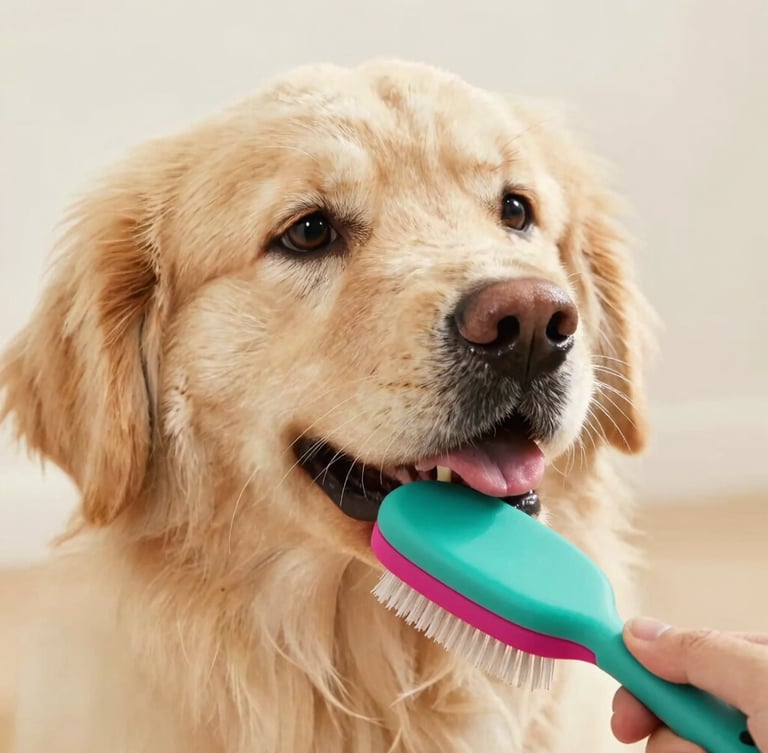 Close-up of a happy fluffy golden dog being gently brushed with a teal and magenta ergonomic brush, soft warm studio lighting, clean fur, shallow depth of field, 35mm