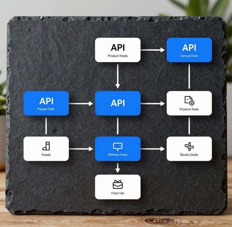 A clean, high-contrast integration workflow diagram on a dark slate screen, showing API connections mapping product feeds to a mobile comparison interface, vibrant electric blue accents, modern tech aesthetic, 35mm.