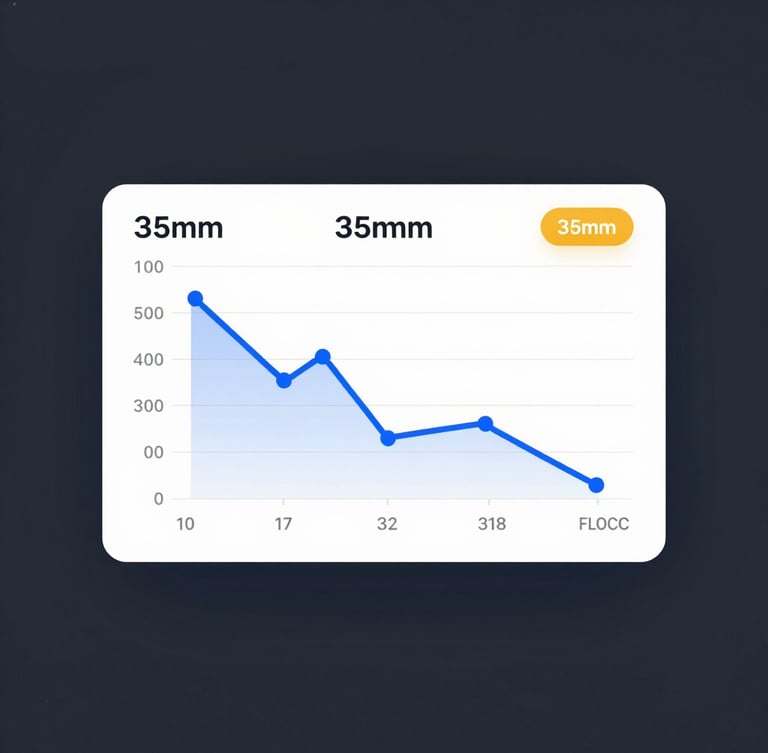 High-fidelity UI mockup of product price tracking graphs showing historical price drops, clean tech aesthetic, electric blue and amber accents, dark slate background, 35mm
