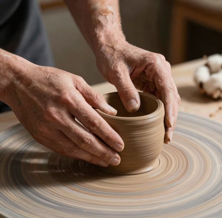 High-contrast side-lighting on raw terracotta clay being shaped by artisan hands, warm shadows, unbleached cotton background, editorial art catalog style.