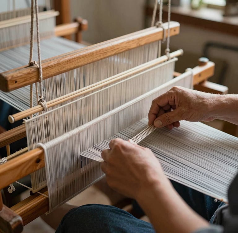 Close-up of a master weaver's hands operating a wooden pit loom, tensioned warp threads stretching into the background, soft workshop light.
