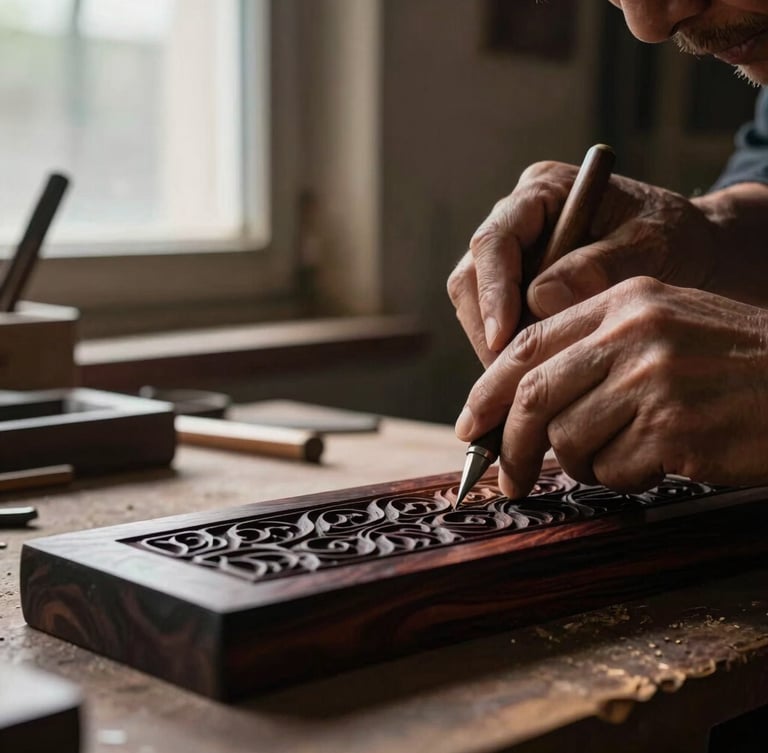 Extreme close-up of a master artisan's hands carving intricate patterns into dark rosewood, natural high-contrast side-lighting from a dusty workshop window, deep shadows.