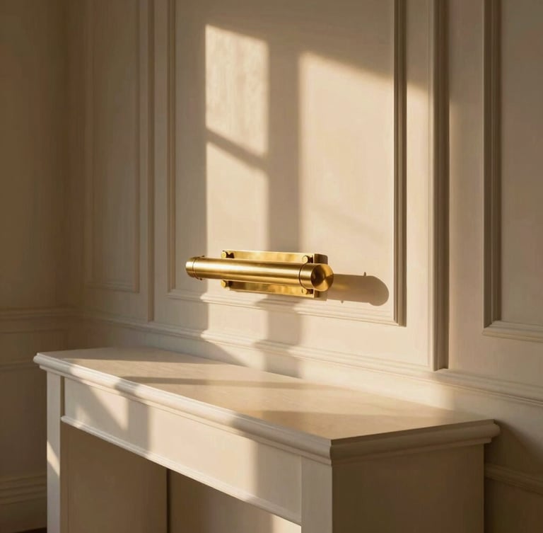 Elegant warm-toned architectural detail of a luxury North Atlanta home, soft golden-hour window light reflecting off a polished brass fixture and white oak console, wide environmental crop, 35mm.
