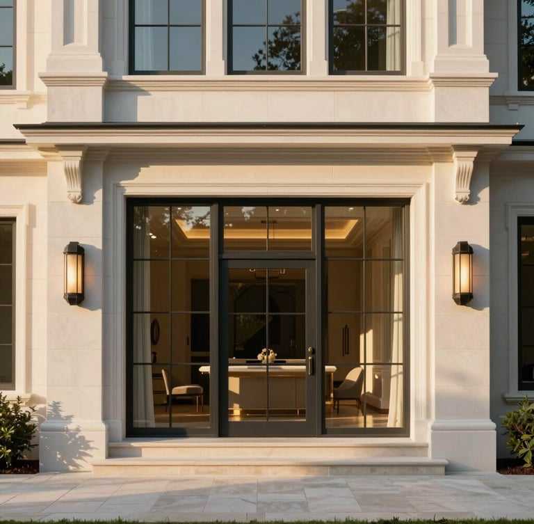 Warm editorial photography of a sun-drenched modern estate exterior in North Atlanta, golden-hour window light, elegant white oak and stone details, wide architectural crop