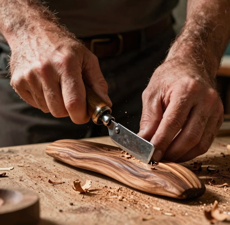 Tight portrait shot of a craftsman's hands using a vintage drawknife to shape a walnut timber curve, fine wood shavings falling, dramatic side lighting, high contrast.