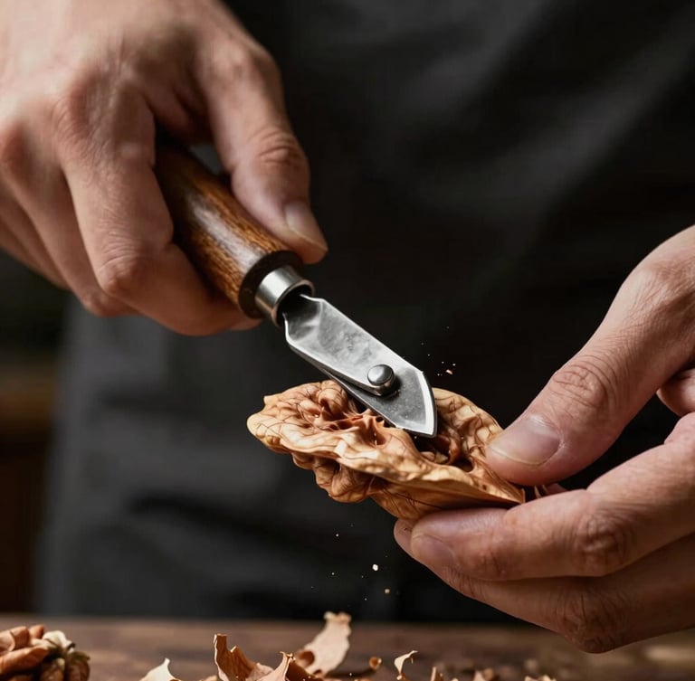 Chiaroscuro close-up of hands using a vintage drawknife to shape a walnut wood curve, fine shavings falling, dark moody background, high contrast natural light