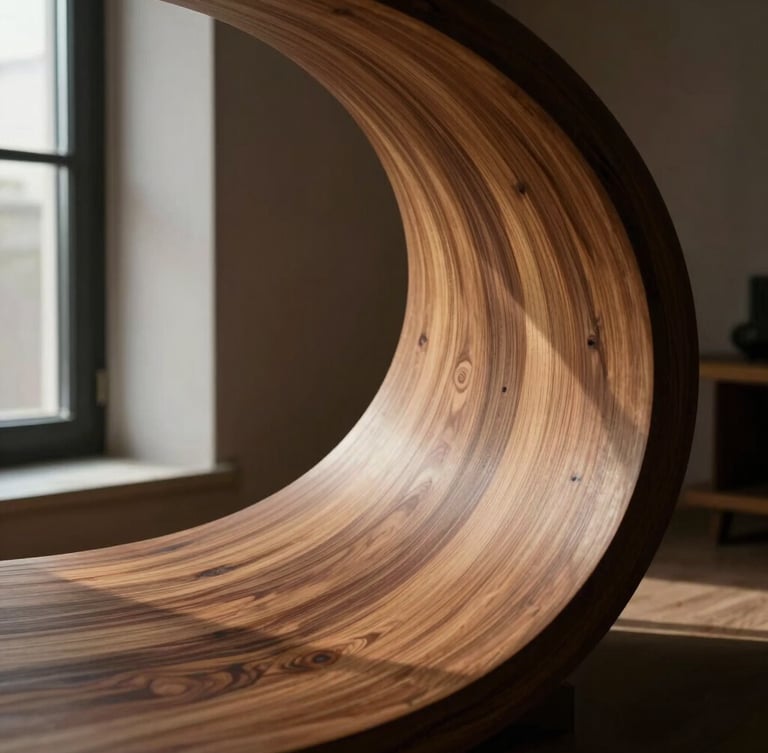 A tight architectural crop of a sweeping walnut wood curve, sculpted with hand-shaped precision, lit by high-contrast side window light with rich shadows.