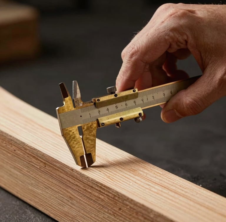 Hands of an artisan carefully measuring a curved timber frame with a vintage brass caliper, dramatic side lighting, dark background.