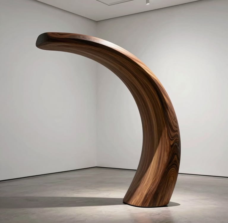 Chiaroscuro lighting on a large curved walnut wood sculpture in a bright, white-walled gallery space, soft shadows, elegant minimalist composition.