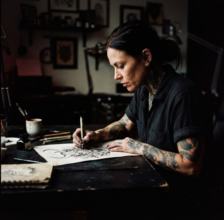Moody editorial portrait of a master tattoo artist at a clean minimalist desk sketching on paper, high-contrast directional studio lighting, deep blacks, 35mm film