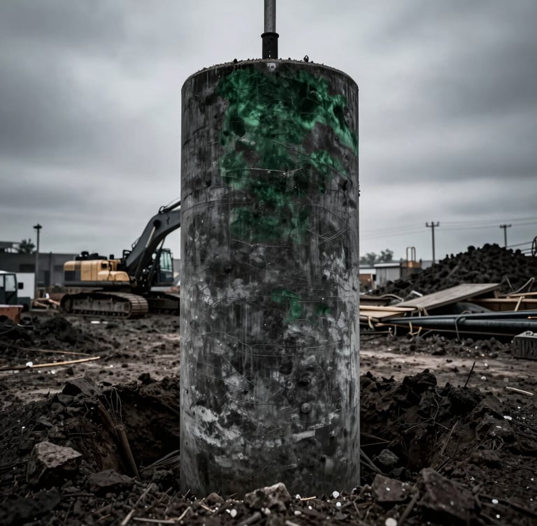 Portrait-oriented image of a large diameter concrete pile being installed in challenging soil, dramatic industrial photography, high-contrast, dark tones, machinery in background, bleeding to edge.
