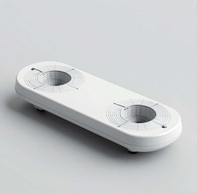 Technical CAD orthographic wireframe of a bedside sleep dock, clean vector lines on a light gray background, architectural precision.