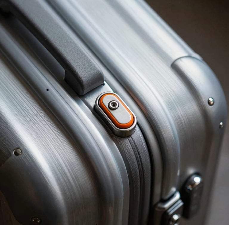 Extreme close-up of a brushed aluminum suitcase handle, focusing on the mechanical release button and safety orange accents, sharp studio lighting.