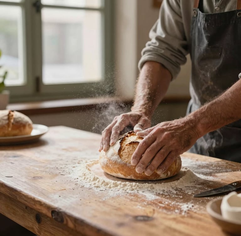 Plano medio de manos de un residente amasando pan sobre una mesa de madera rústica en la panadería social, iluminadas por la luz natural que entra por la ventana, con harina suspendida en el aire.