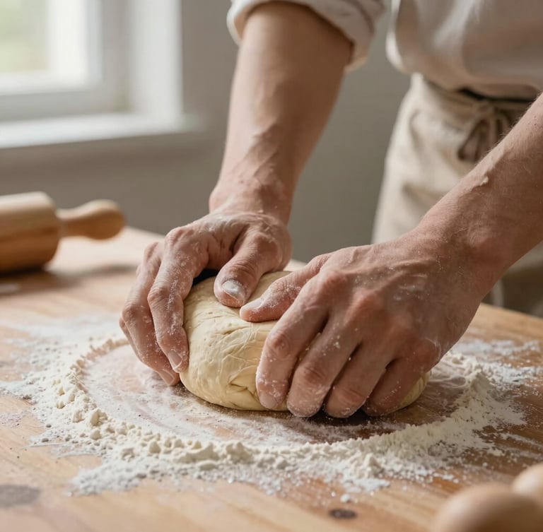 Close-up of hands kneading rustic dough on a wooden table covered in flour, warm natural light from a side window