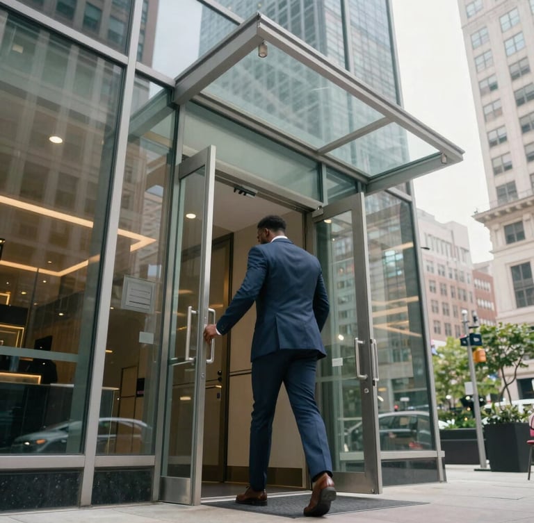 Medium environmental shot under bright overcast daylight of a professional in a dark overcoat entering a modern glass-fronted office building, sharp reflections of city trees on the glass.