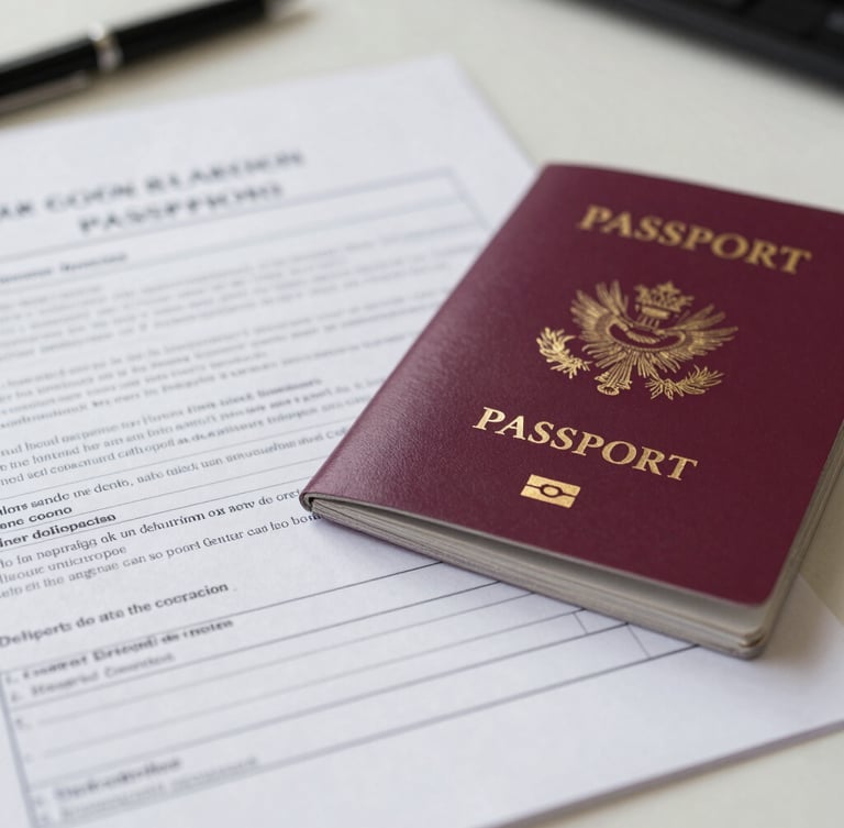 Close-up of structured legal documents and a passport on a clean slate desk under natural daylight