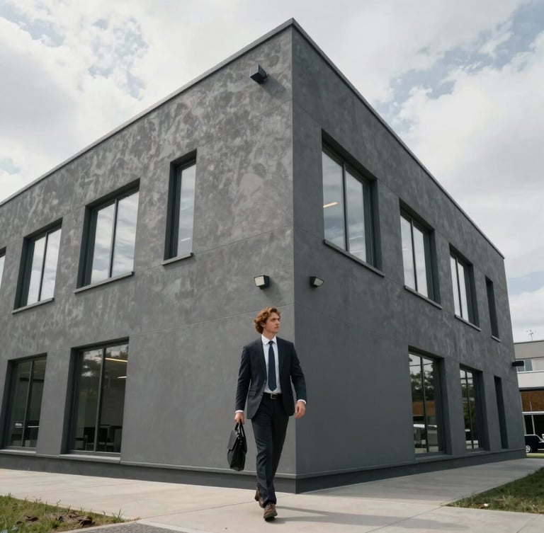 A focused professional entering a modern slate-gray office building under bright overcast daylight, medium shot
