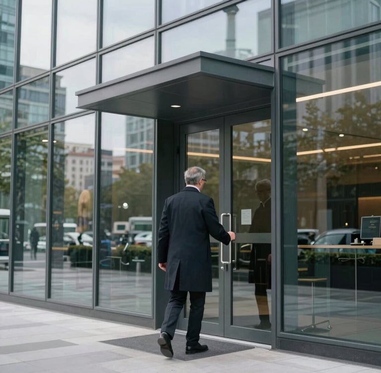 Medium environmental shot under bright overcast daylight of a professional in a dark overcoat entering a modern glass-fronted office building, sharp reflections of city trees on the glass.