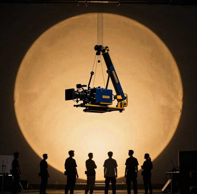Cinematic editorial photography, dramatic spotlighting, high-contrast behind-the-scenes shot of a high-end camera rig on a crane, crew members silhouetted against a massive golden light source.