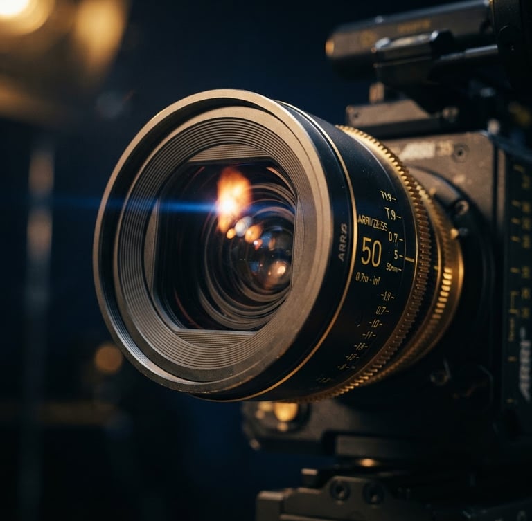 Dramatic close-up of a high-end anamorphic gold-rimmed cinema camera lens, warm spotlighting reflecting off the glass, cinematic editorial style.