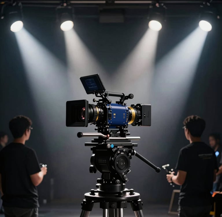 Behind-the-scenes set photography, high-end cinema camera on a heavy stabilizer rig, dramatic spotlighting, crew in silhouette, cinematic editorial