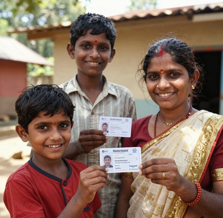 A close-up documentary portrait of a smiling Indian family holding their newly printed identity cards outside a rustic community hall, bright natural sunlight, authentic warm tones.
