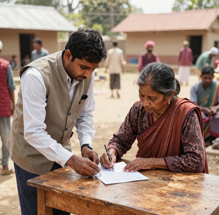 A warm documentary photograph of an outdoor community service camp in a rural Indian village, a local volunteer in a neat vest helping an elderly woman fill out a paper form on a wooden table, bright natural daylight, candid interaction, 35mm lens.