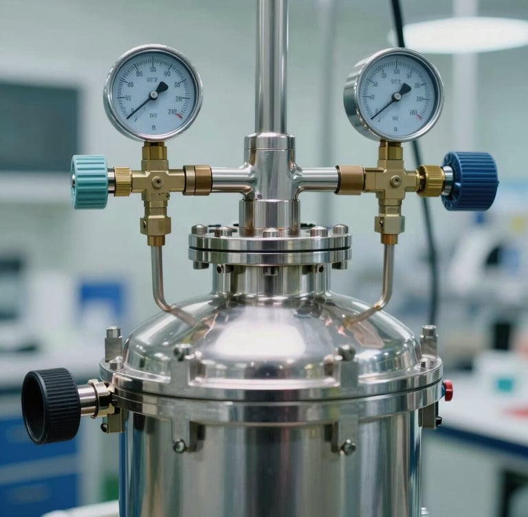 Close-up of a high-pressure reverse osmosis membrane vessel with stainless steel clamps and pressure gauges, sterile laboratory lighting