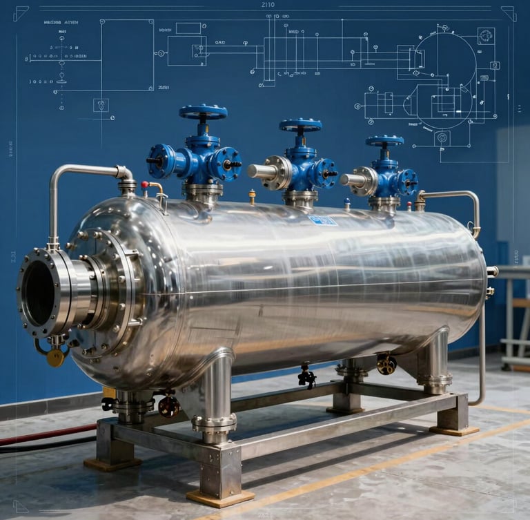 Wide-angle technical shot of an industrial reverse osmosis skid with stainless steel pressure vessels and blue multi-port valves, sharp studio lighting, blueprint lines overlay.