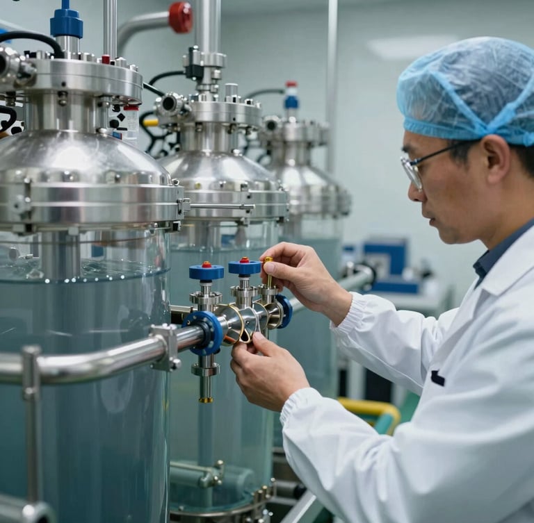 A technician in a sterile white lab coat adjusting a multi-port control valve on a massive water filtration vessel, industrial lighting, macro shot.