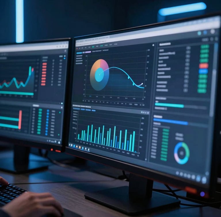 Sleek tech editorial photography, close-up of a multi-screen workstation dashboard displaying real-time e-commerce analytics charts, cool ambient studio lighting with electric blue neon glows, sharp focus, 35mm