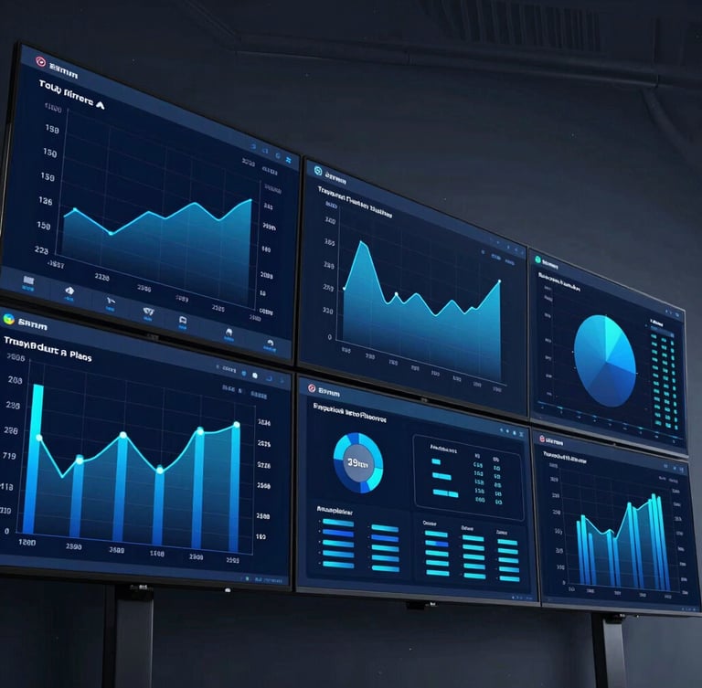 Sleek tech editorial photography, dynamic low-angle shot of a multi-screen dashboard with electric blue charts and live logistics data, cool ambient studio lighting, sharp focus, 35mm.