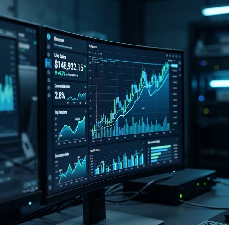 Macro shot of a high-tech multi-screen dashboard displaying real-time e-commerce analytics and rising sales charts in a dark room with cool ambient studio lighting and electric blue accents, 35mm