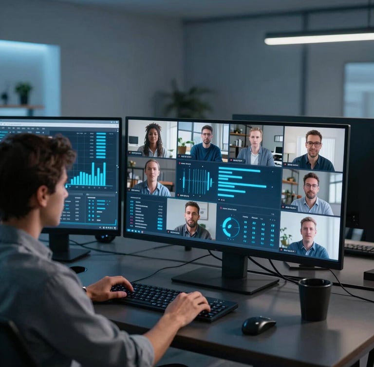 Sleek tech editorial photography of a remote team collaborating over video call, screens showing analytics dashboards with electric blue accent glows, cool ambient studio lighting, 35mm