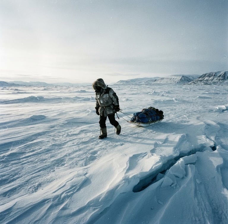 Extreme wide shot of a solitary figure pulling a heavy sled across a vast, desaturated blue polar ice sheet under a harsh, low-angle sun, high contrast, 35mm film grain.