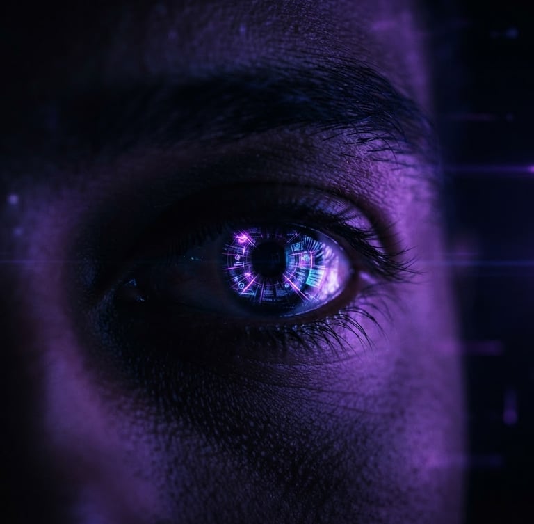 Anamorphic cinematic sci-fi photography of a human eye reflecting glowing digital patterns, high-contrast neon violet backlighting, deep obsidian tones