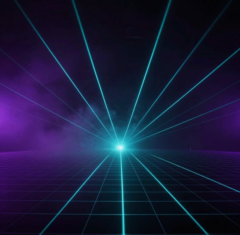 Atmospheric shot of a dark room pulsing with a sharp laser grid, volumetric fog catching cyan light beams, cinematic wide angle