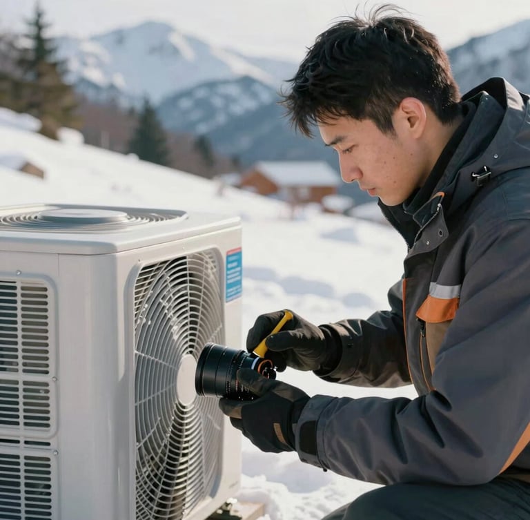 Close-up of a professional technician in heavy winter gear inspecting an outdoor HVAC unit in the snow, crisp mountain daylight