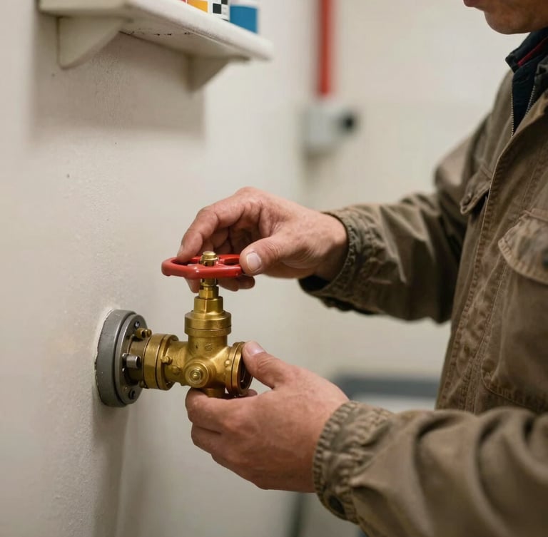Close-up of a local maintenance worker in rugged canvas jacket adjusting a brass water valve in a clean, well-lit utility room, warm side lighting, sharp focus on hands and metal textures