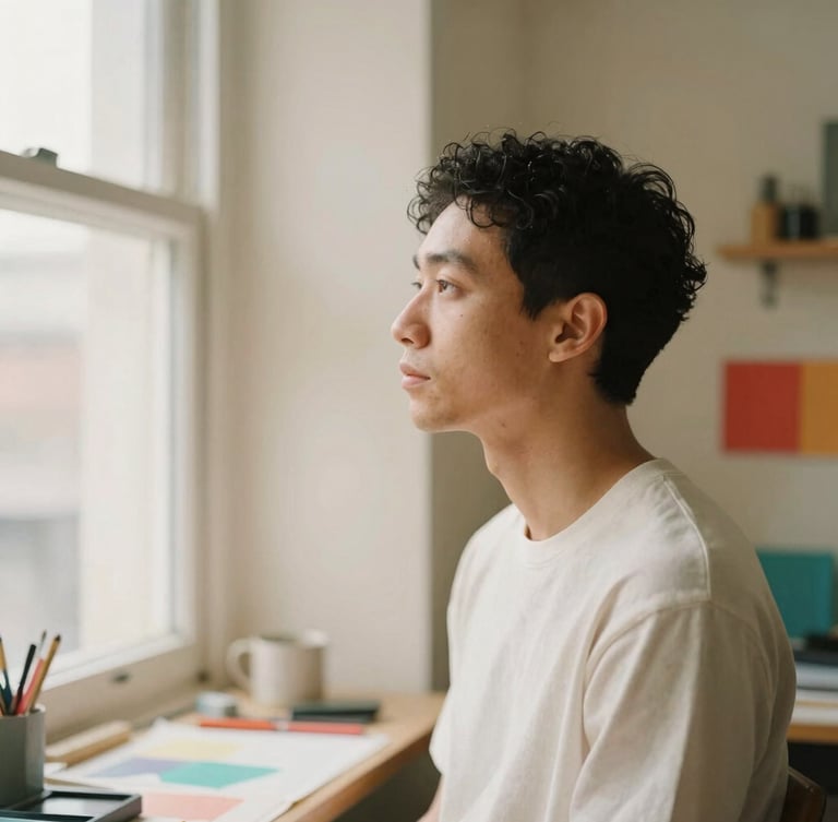 Thoughtful portrait of a multifaceted creator looking out a window in a warm, textured studio environment, soft natural light, shallow depth of field, 35mm