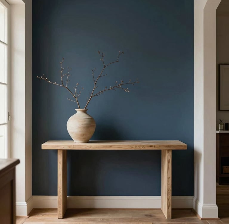 A quiet, perfectly organized home entryway with a minimalist console table, a single ceramic vase with a dry branch, soft overcast daylight, elegant domestic setting, 35mm lens.