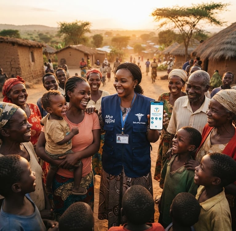 Wide shot of a community health worker in a rural African village, surrounded by smiling families, holding a mobile phone displaying the SaludParaTodos app. Golden hour light, authentic connection.