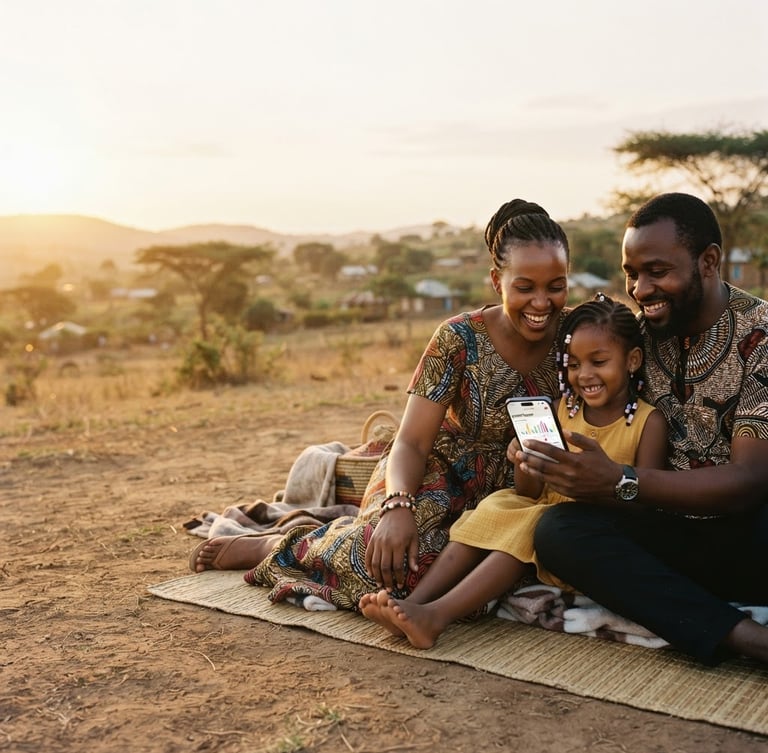 Wide panoramic shot of an African family (mother, father, child) in warm golden-hour daylight, looking at a mobile phone displaying a health app, soft focus background, rich authentic tones, 35mm lens. The family is on the right side of the frame, with expansive negative space on the left.