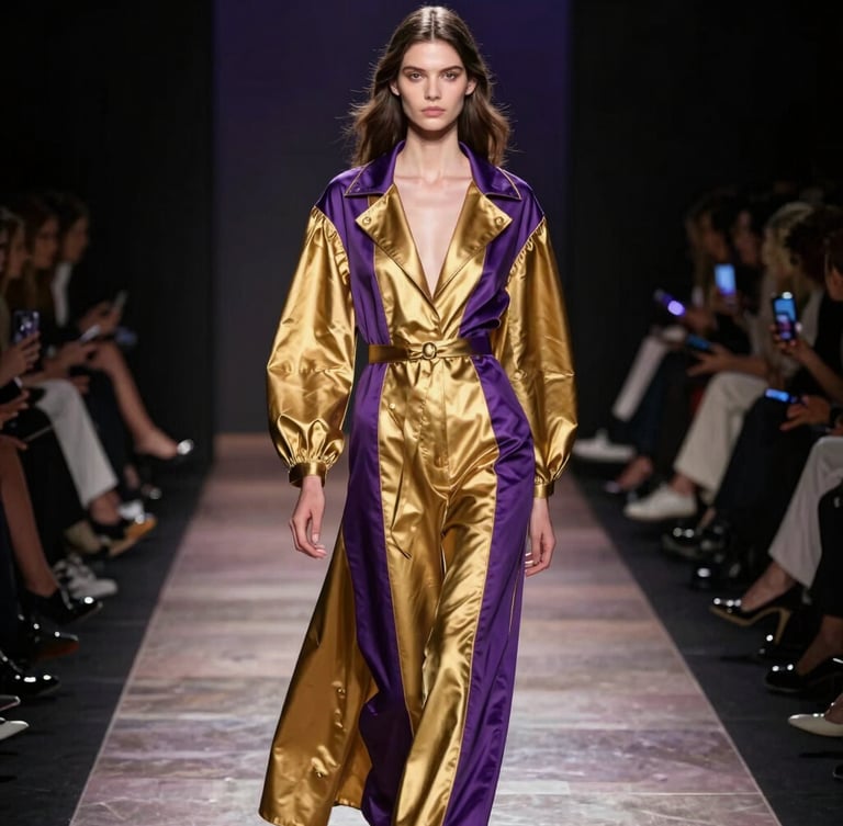 Glamorous editorial photography of a high-fashion runway show, dramatic stage spotlighting, rich gold accents, sharp focus, 35mm